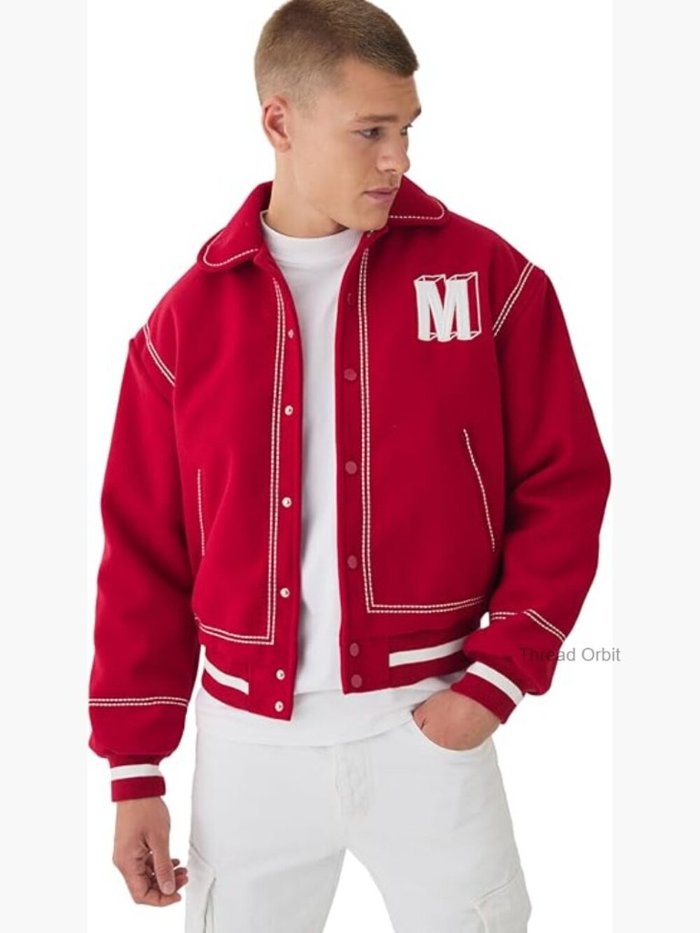 Boxy Stitch Detail Melton Varsity Jacket in Red